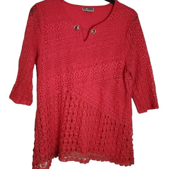 JM Collection Women's Top Large Lace Shell on Lining 3/4 Sleeve Gold Chain Neck - Picture 1 of 11